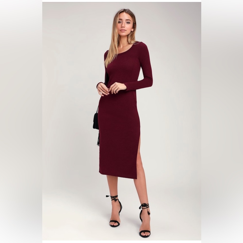 Lulu’s Soft and Sweet Burgundy RED Long Sleeve Midi Sweater Dress